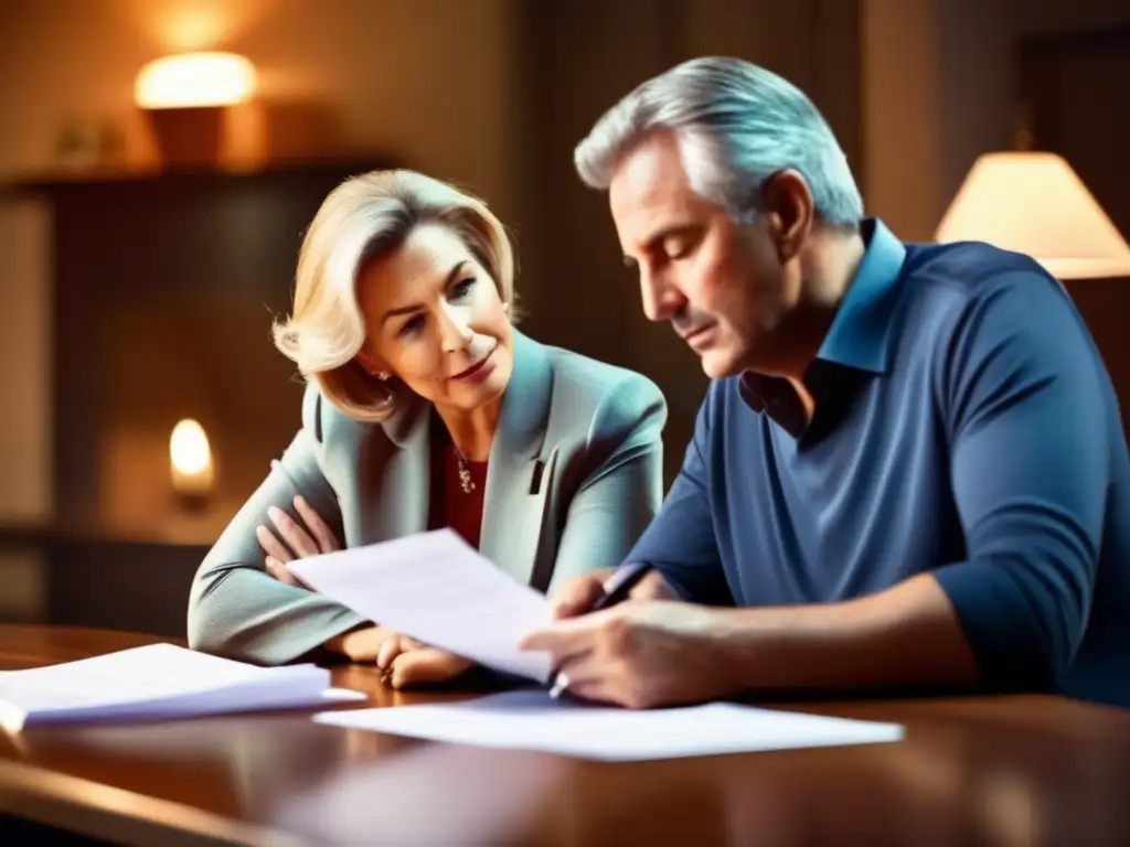 Pareja madura discutiendo finanzas Pareja discutiendo decisiones financieras para jubilación