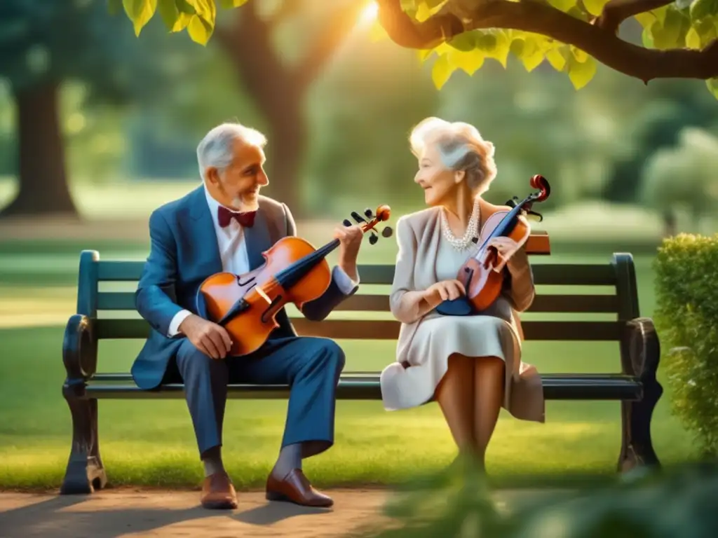 Pareja elegante disfrutando música en el parque Pareja elegante disfrutando de la música clásica en un parque - Plataforma de planificación de jubilación con música clásica