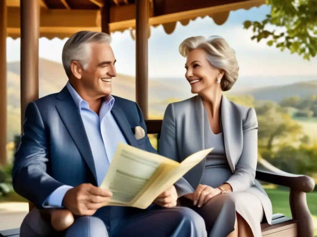 Pareja madura disfrutando de la vida y la jubilación Pareja elegante en columpio, mirando paisaje