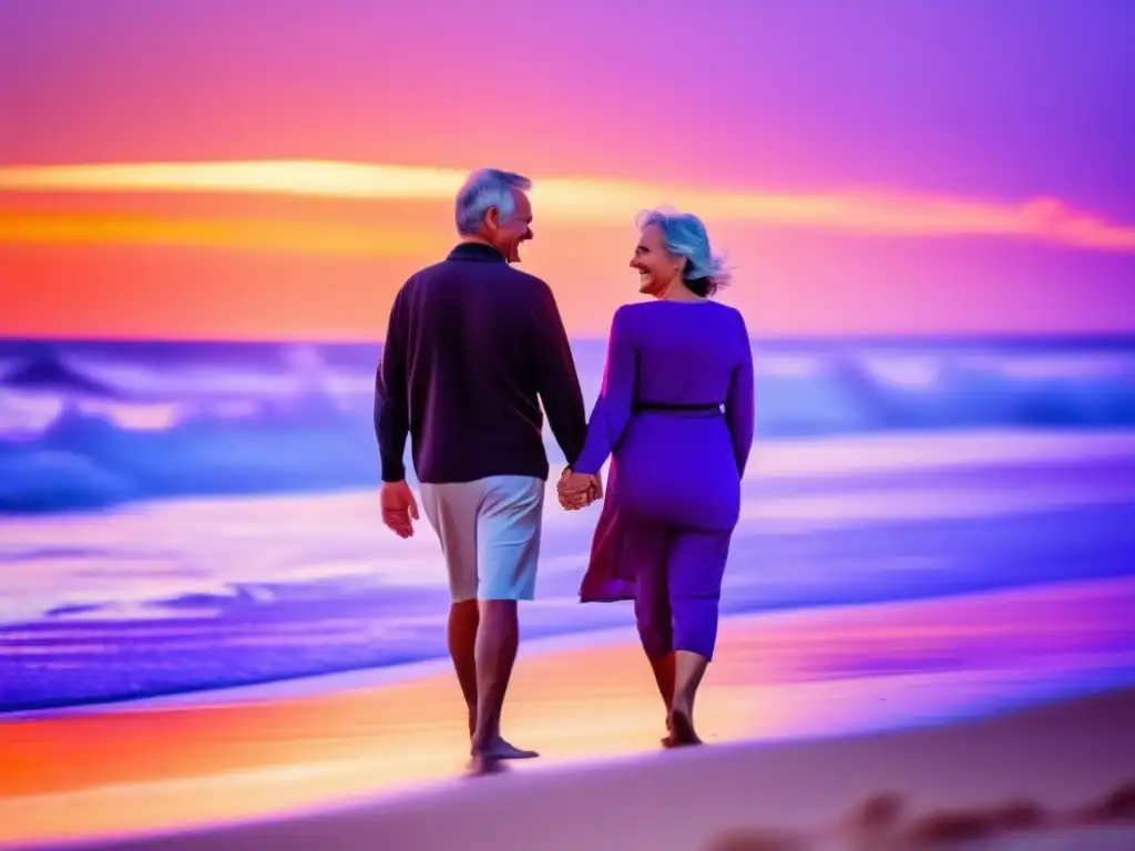 Pareja feliz disfrutando del atardecer en la playa An image of a mature couple on a sandy beach at sunset, radiating happiness and relaxation