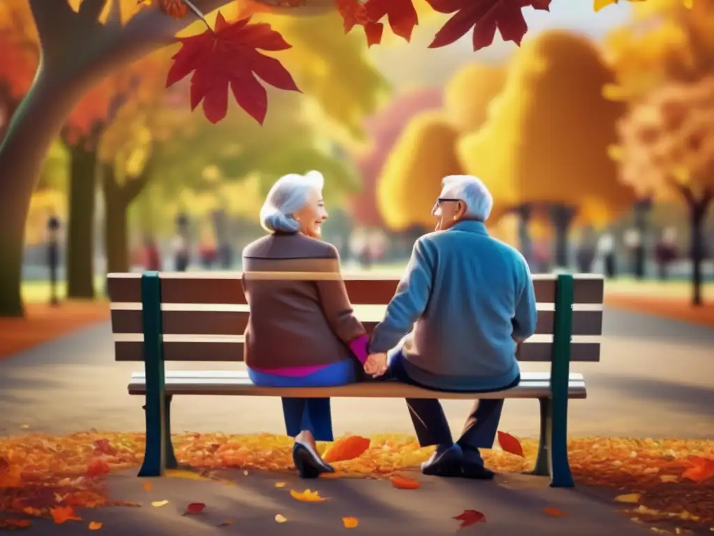 Pareja mayor disfrutando del otoño y la jubilación Pareja feliz en banco de parque rodeada de hojas otoñales