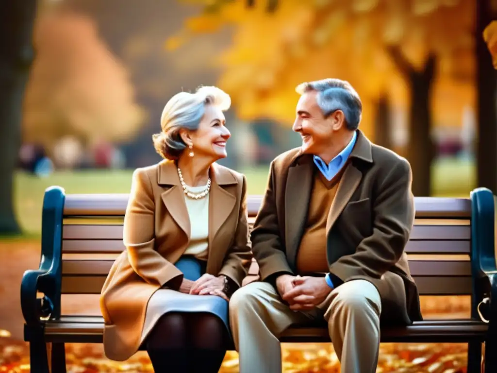 Pareja madura planeando jubilación Pareja feliz en banco rodeada de hojas otoñales
