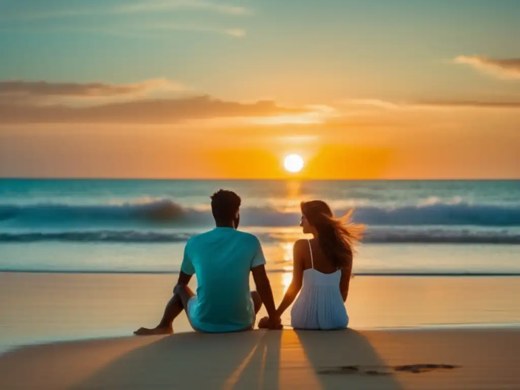 Pareja disfrutando de una playa paradisíaca Pareja joven en playa, mirando al mar turquesa, con atuendo casual y tomados de la mano, al atardecer