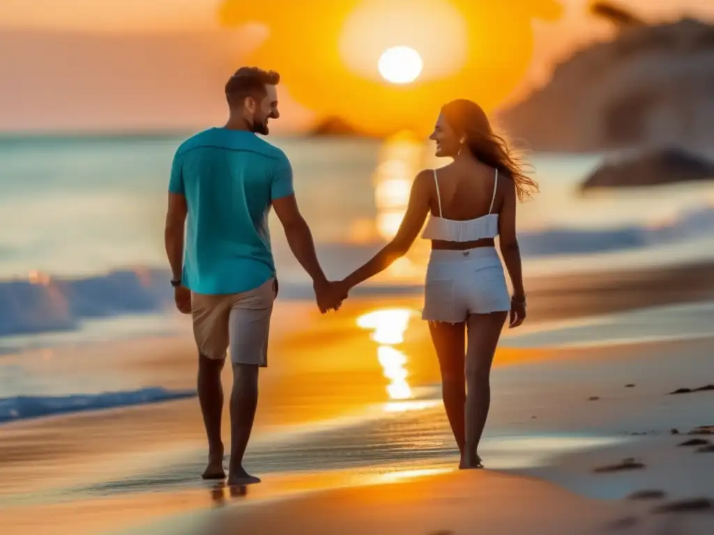 Pareja feliz en una playa paradisíaca Pareja joven en playa paradisíaca, evoca modalidades de retiro joven y viaje