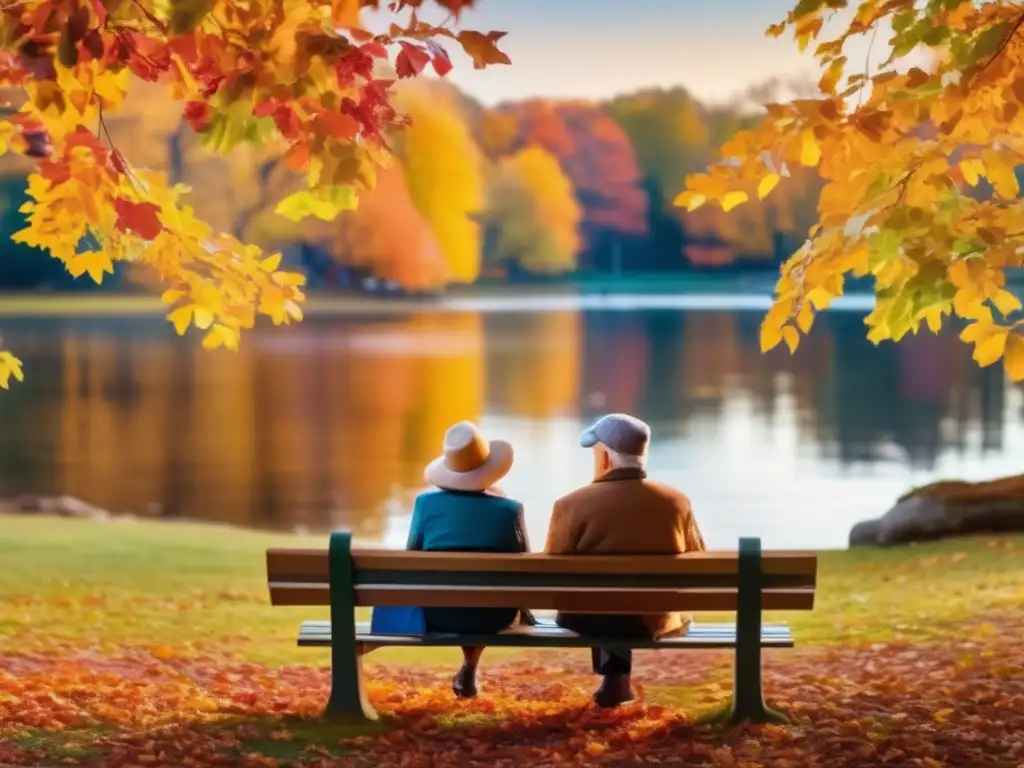 Pareja jubilada disfrutando del otoño en un banco del parque Pareja jubilada en banco del parque rodeados de hojas otoñales