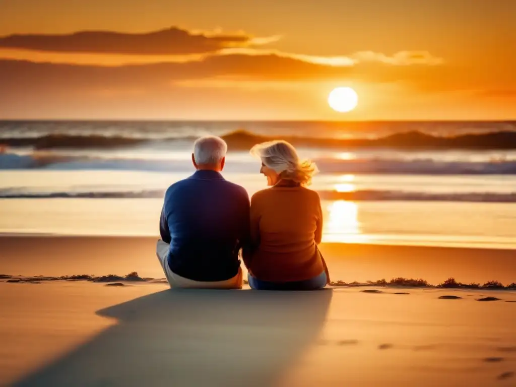 Pareja madura disfrutando de la playa al atardecer Pareja jubilada disfrutando de una hermosa playa al atardecer, transmitiendo serenidad y aventura