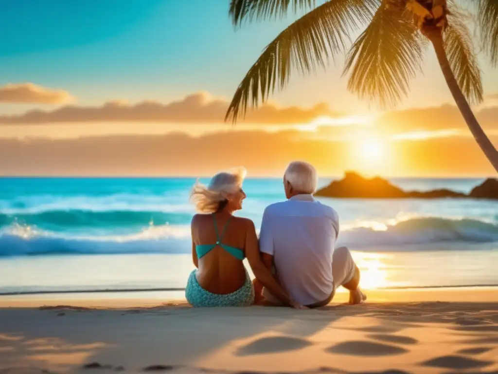 Pareja feliz disfrutando la jubilación y viajes Pareja jubilada disfrutando de la playa, con palmeras y mar turquesa - Planificación de jubilación para viajes en blog