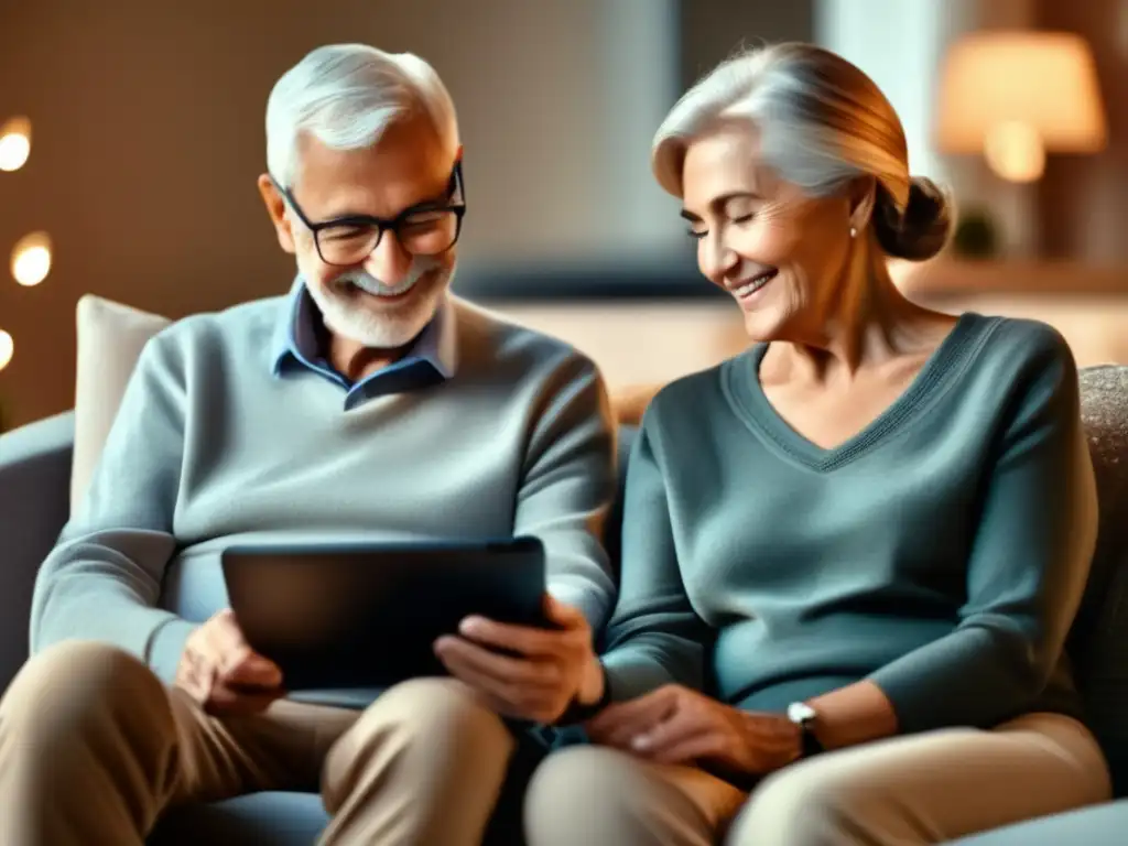 Consulta médica virtual para parejas mayores Pareja jubilada en sofá con plataforma telemedicina
