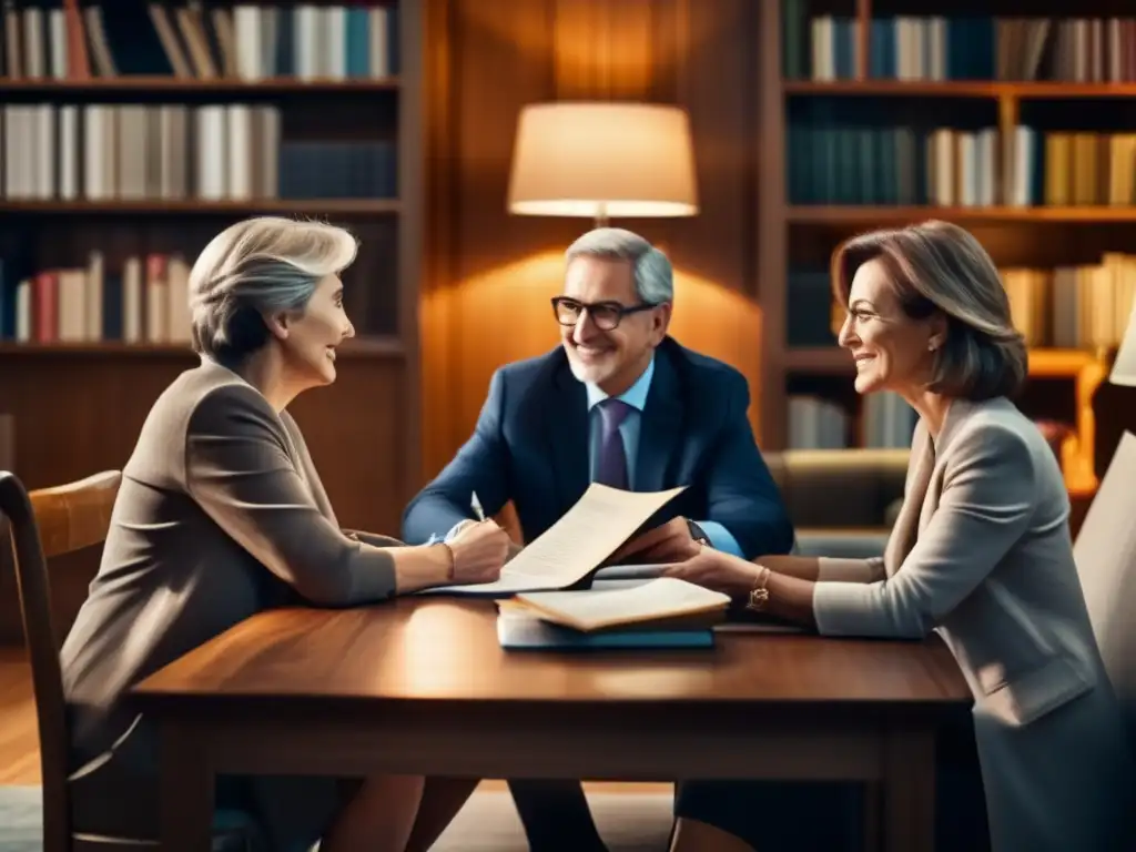 Pareja madura consultando a asesor financiero Pareja madura y asesor financiero discutiendo inversiones para la jubilación en una acogedora sala de estudio con estanterías llenas de libros
