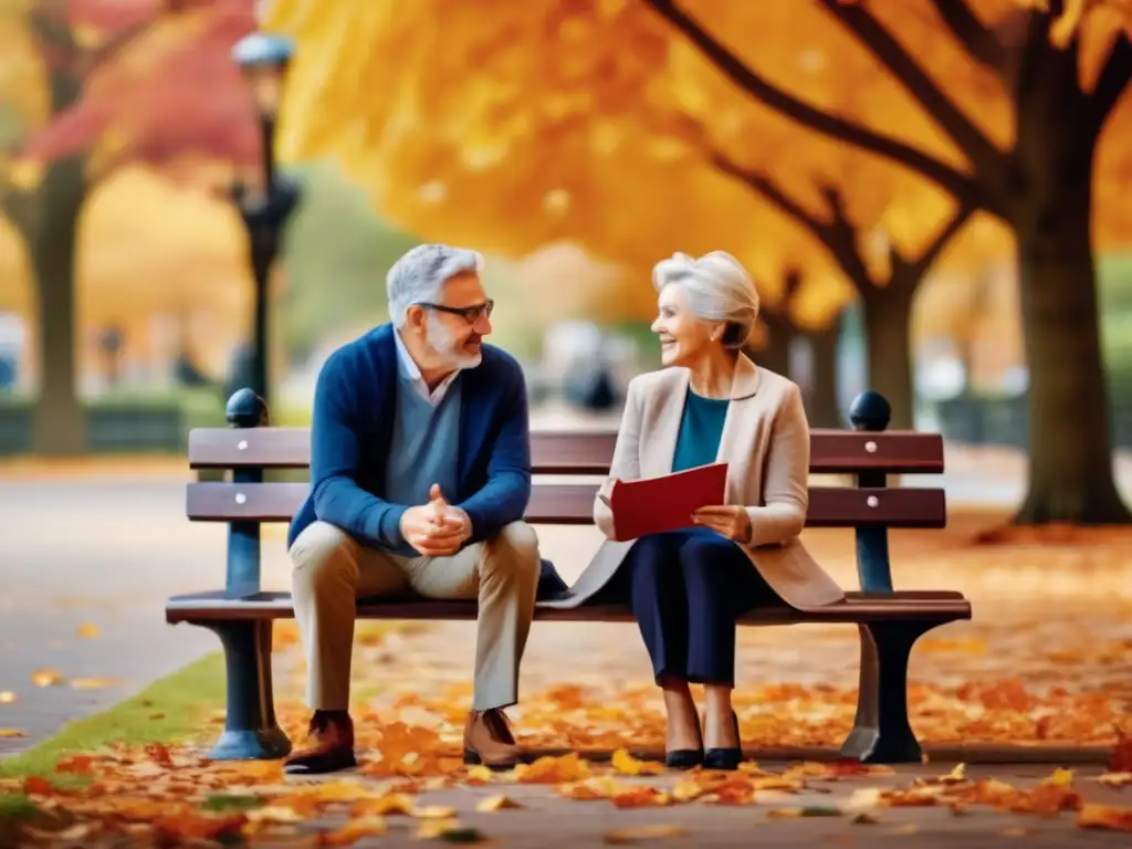 Pareja madura en banca del parque, planeando jubilación y cuidados a largo plazo