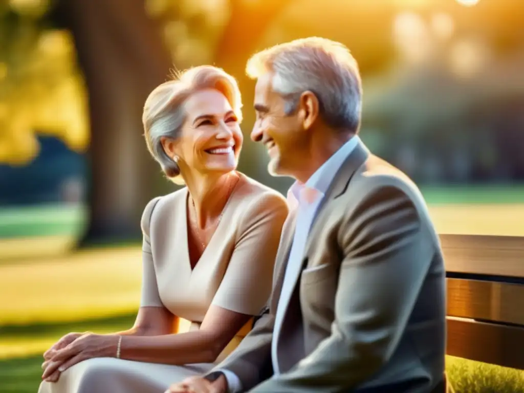 Pareja feliz disfrutando de la jubilación Pareja madura en banco de parque, felices y elegantes, disfrutan jubilación (Leyes de Jubilación que Cambian Futuro)