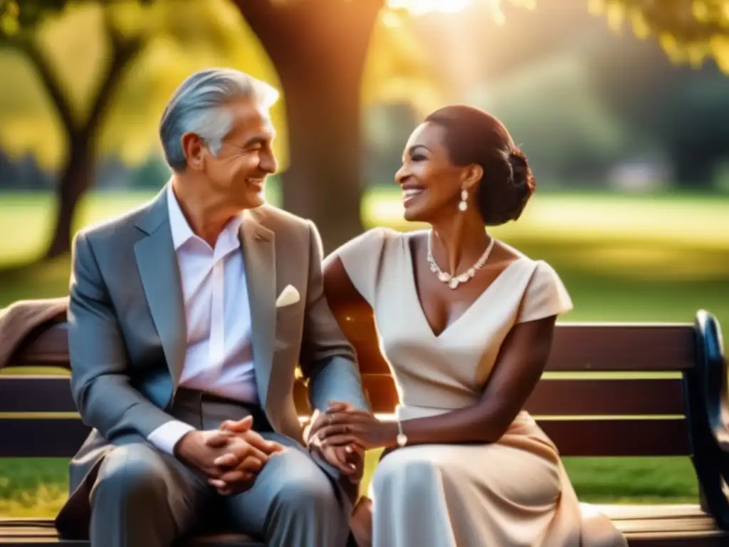Pareja madura disfrutando del amor y la naturaleza Pareja madura en banco de parque, manos entrelazadas