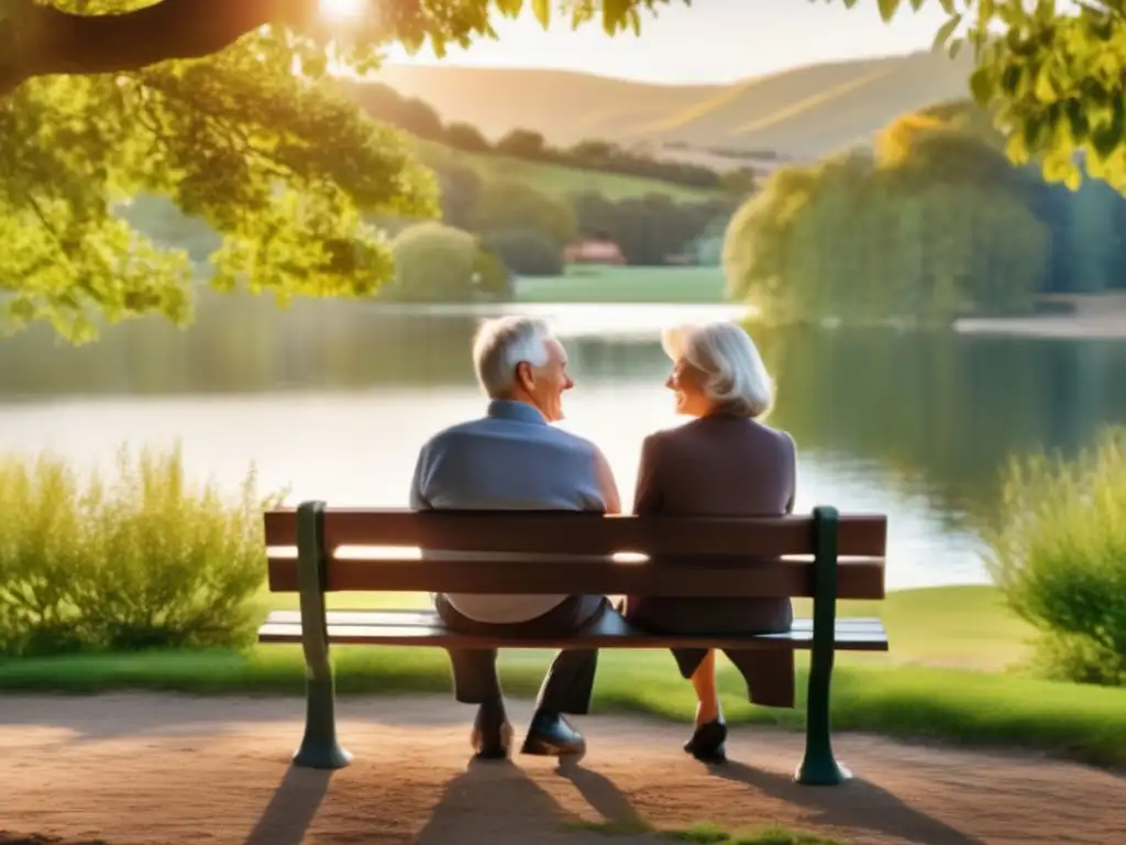 Pareja madura disfrutando de su jubilación Pareja madura en banco del parque, manos entrelazadas, sonriendo