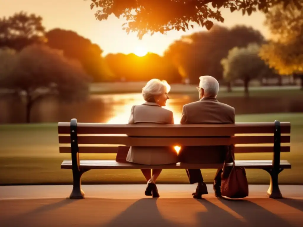 Pareja madura disfrutando del atardecer en el parque Pareja madura en un banco del parque, atardecer y manos entrelazadas