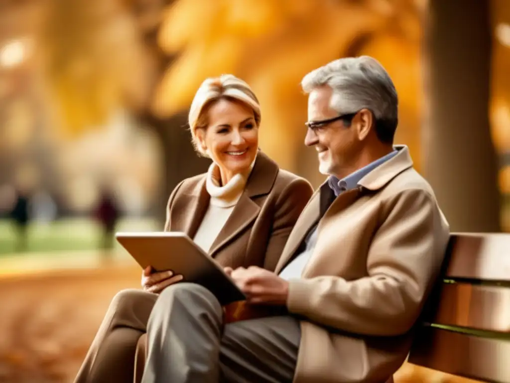 Pareja madura conversando en el parque Pareja madura en banco del parque, conversando y mirando gráficos financieros en tablet