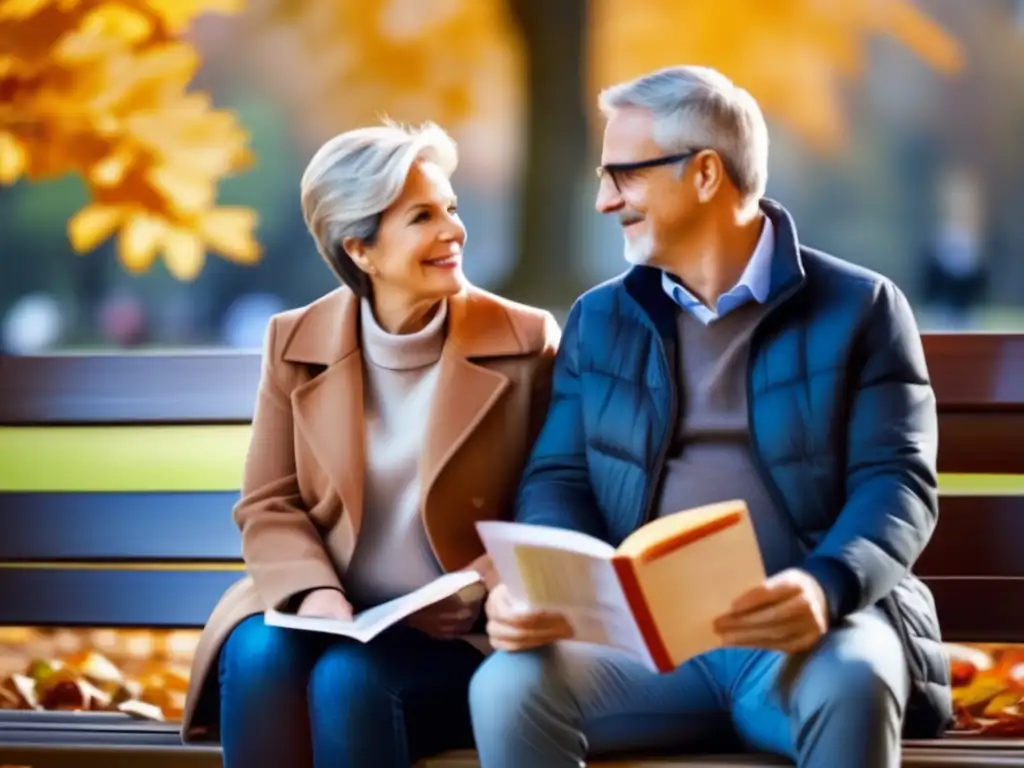 Pareja madura disfrutando su jubilación Pareja madura en banco de parque rodeada de hojas otoñales