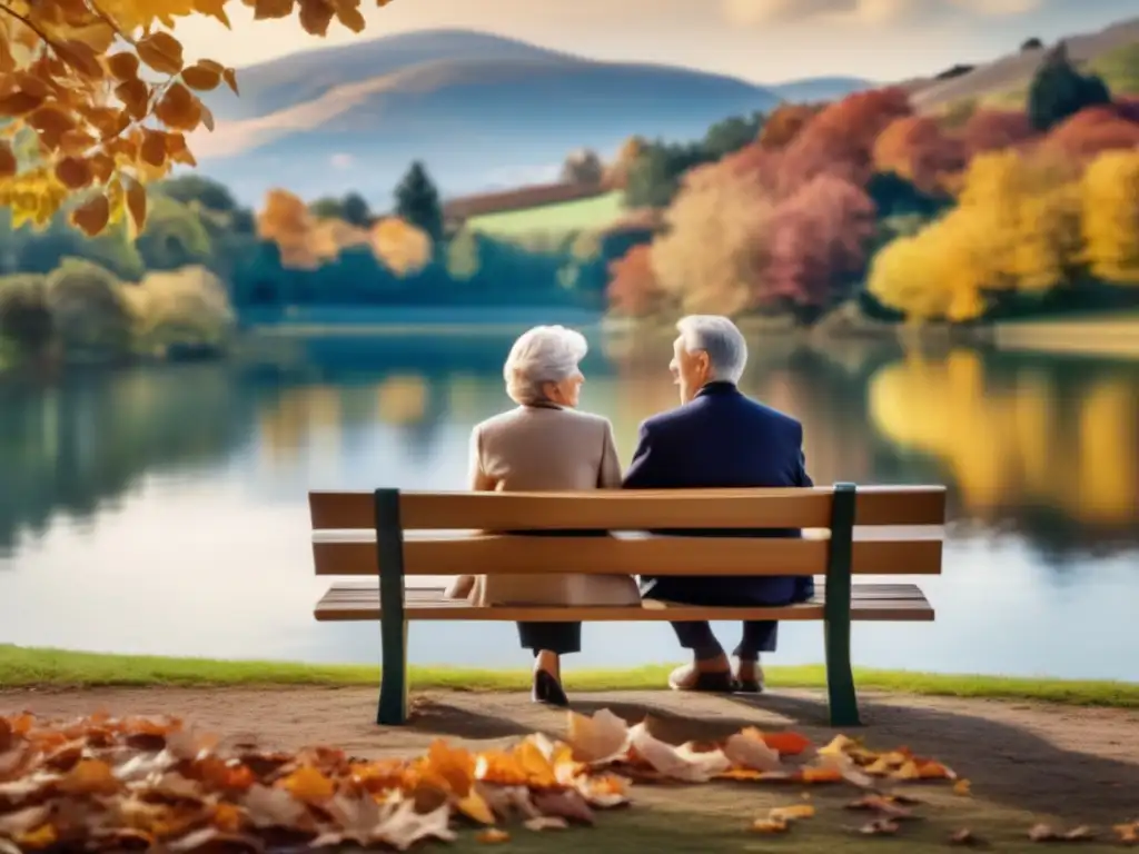 Pareja madura disfrutando del otoño en el parque Pareja madura en un banco rodeados de hojas otoñales, transmitiendo sabiduría y experiencia