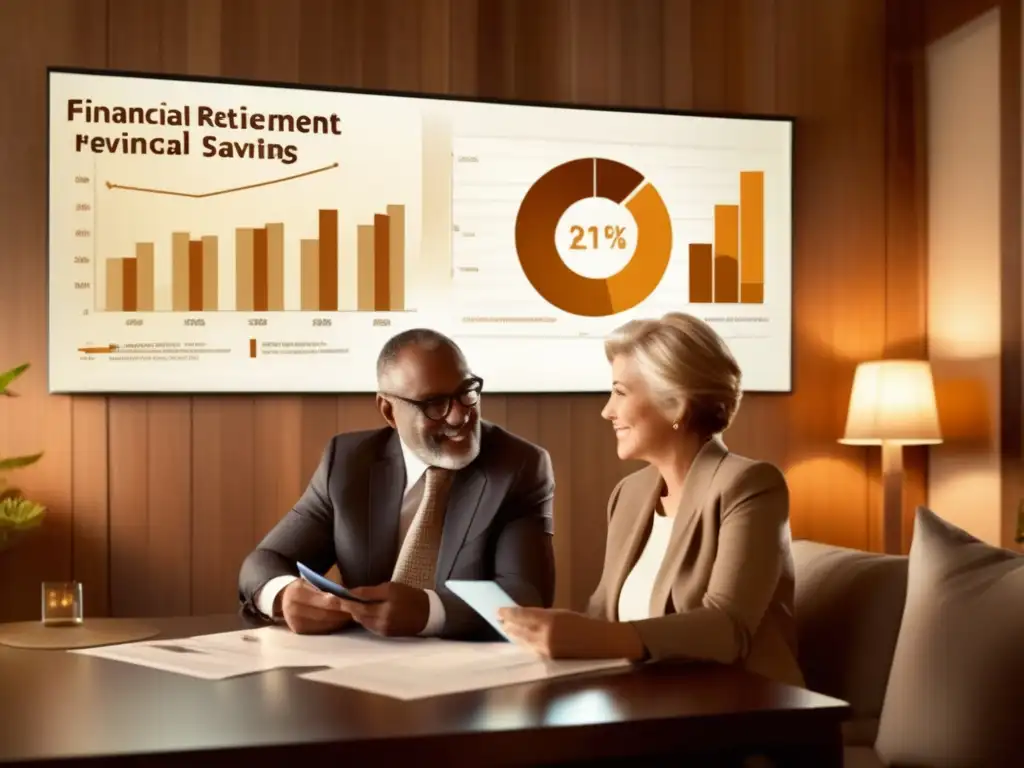 Pareja madura planificando jubilación con asesor financiero Pareja madura en conversación con asesor financiero, planificación de jubilación especializada