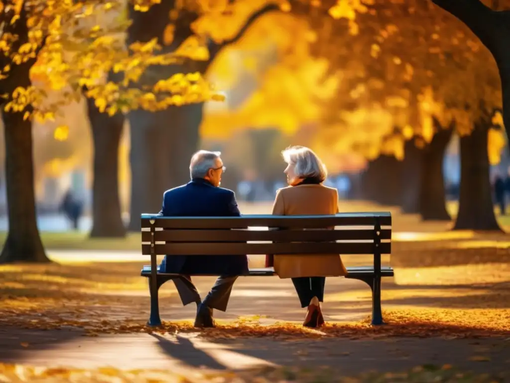 Pareja disfrutando del otoño en el parque Pareja madura disfrutando de la planificación financiera para el cuidado a largo plazo en un parque otoñal
