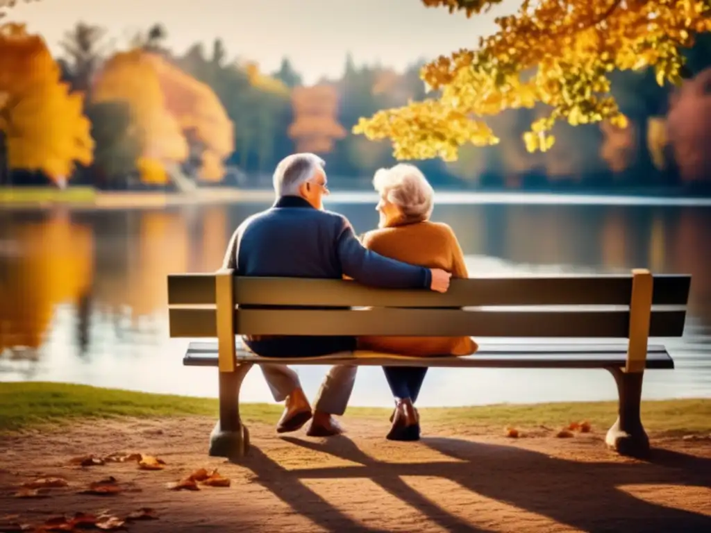 Amor eterno en otoño Pareja madura disfrutando del otoño y la jubilación, rodeados de naturaleza y reflejando paz y plenitud