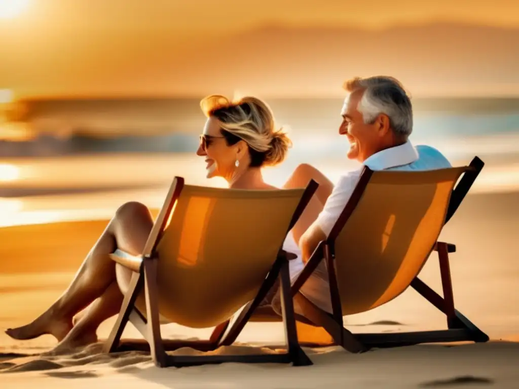 Pareja madura disfruta de la playa y el mar Pareja madura disfrutando de playa, sol y mar - Estrategias jubilación nómada presupuesto viajar