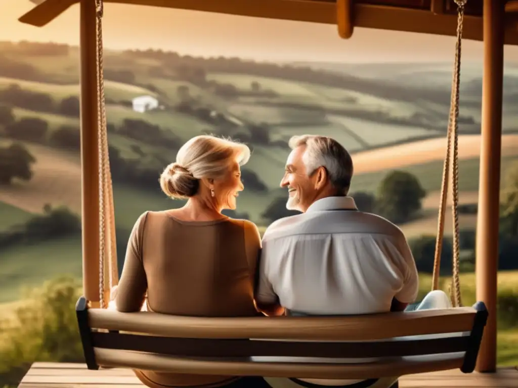 Pareja madura disfruta de un retiro tranquilo Pareja madura en porche con vista al campo, proyectando jubilación con planificación de ingresos pasivos (110 caracteres)