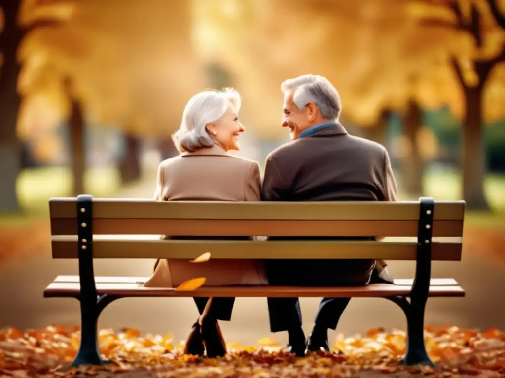 Pareja feliz disfrutando de la jubilación Pareja madura disfrutando de la jubilación rodeada de hojas otoñales - Planificación jubilación integral