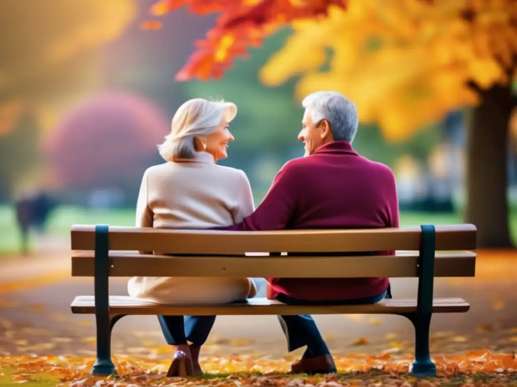 Pareja feliz disfrutando del otoño Pareja madura disfrutando la jubilación rodeada de naturaleza otoñal y planificación de jubilación integral