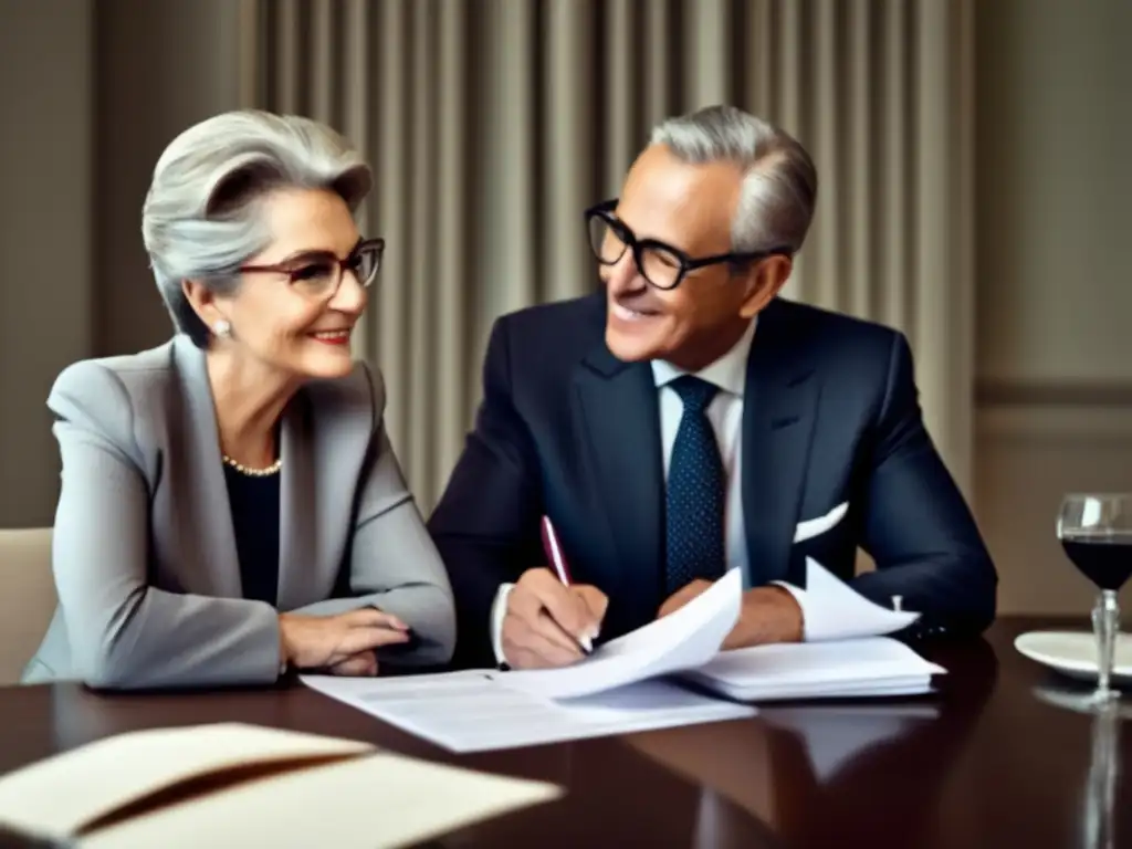 Pareja mayor escuchando asesoramiento jubilación fraudulenta en ambiente profesional (110 caracteres)