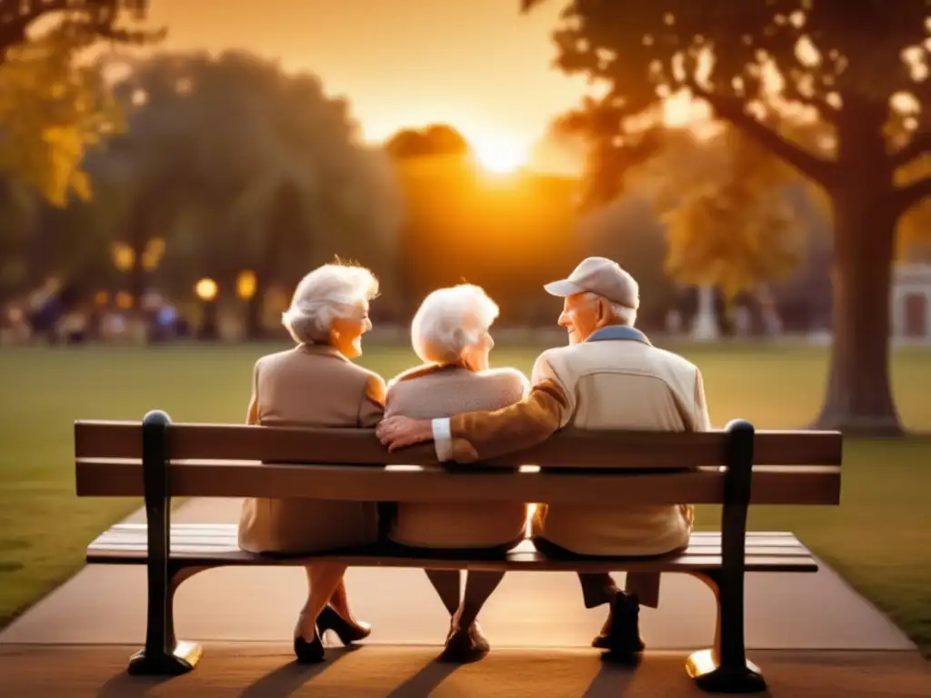 Pareja mayor disfrutando atardecer en banco del parque Pareja mayor disfrutando del atardecer en un banco del parque - Jubilación flexible adaptada vida