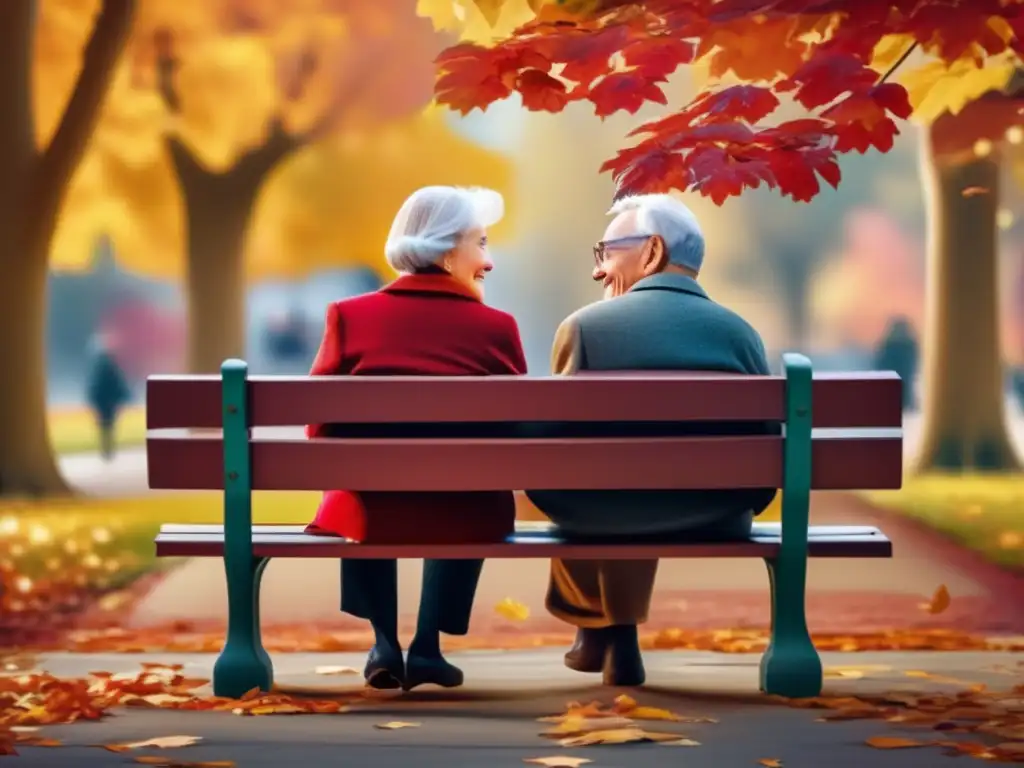 Retiro dorado en el parque Pareja mayor en banco del parque, hojas otoñales, lago tranquilo - Planificación de jubilación en la tercera edad
