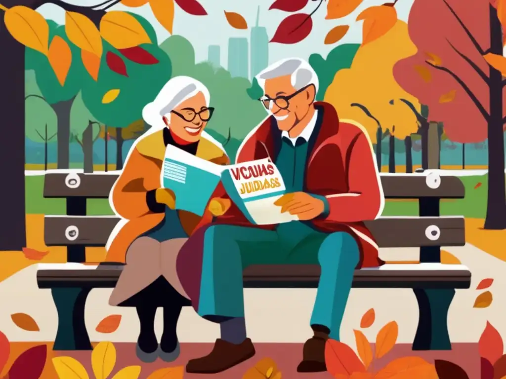Feliz pareja de ancianos en otoño con vacunas para jubilados Pareja mayor en banco de parque rodeados de follaje otoñal