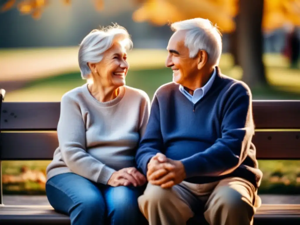 Pareja de ancianos disfrutando del sol en un banco del parque Pareja mayor en banco del parque, bañados por el sol
