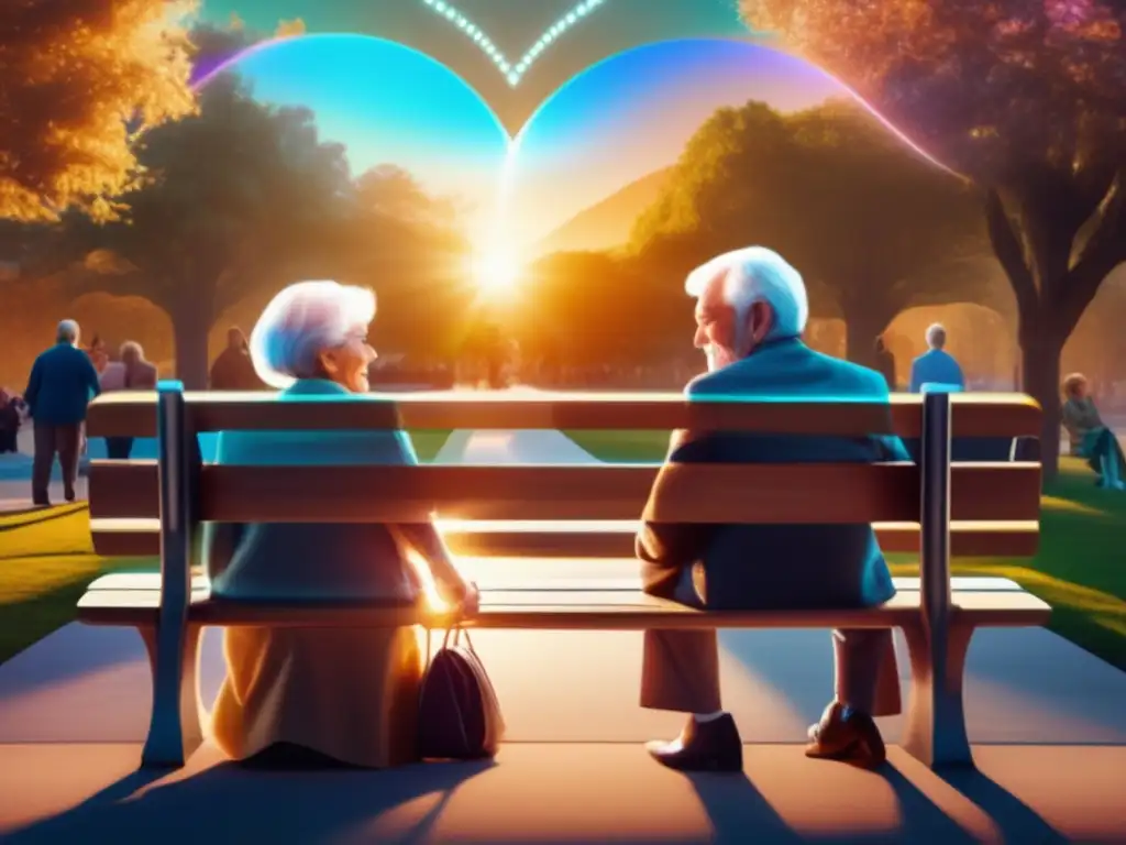 Pareja de ancianos disfrutando del futuro de la jubilación Pareja mayor en banco de parque con proyecciones holográficas de la jubilación 2050