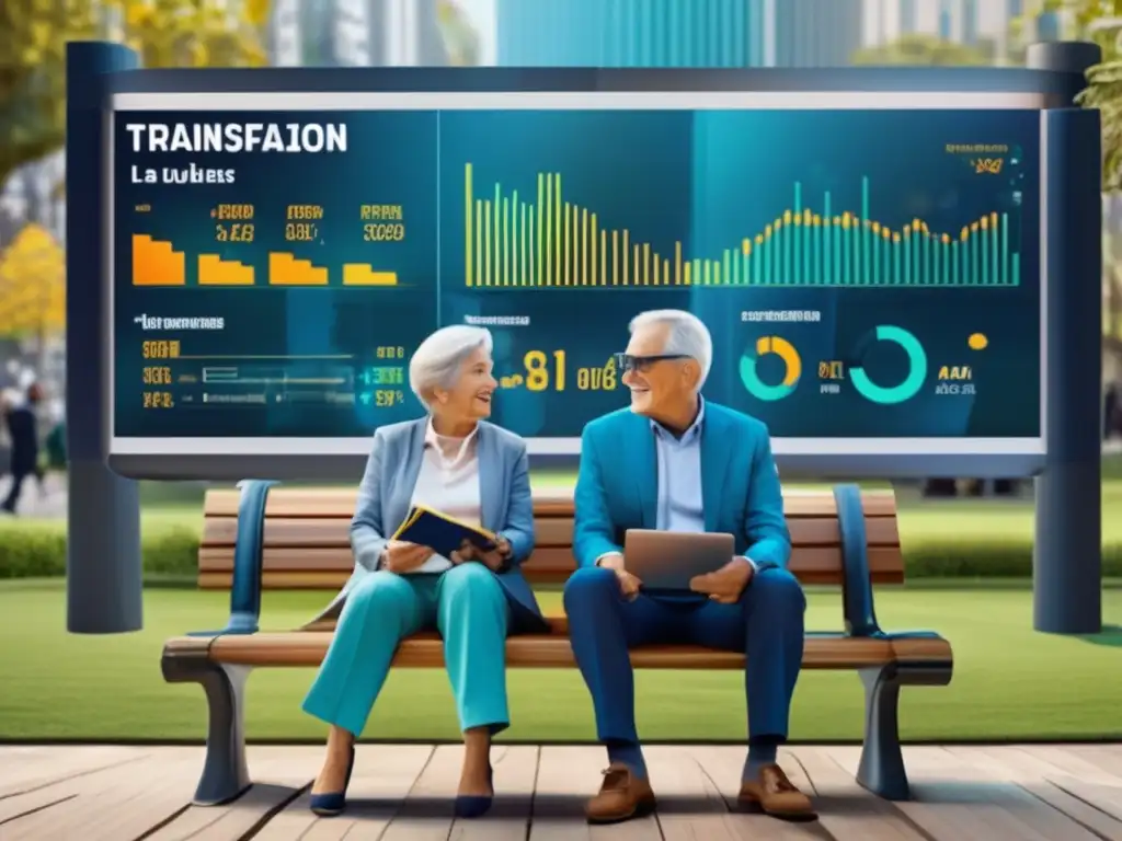 Pareja mayor en banco rodeada de pantallas digitales con opciones de jubilación y gráficos financieros