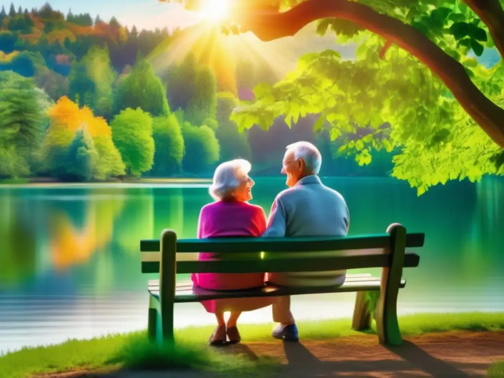 Pareja mayor disfrutando la naturaleza Pareja mayor feliz en un banco del parque rodeados de naturaleza y luz solar