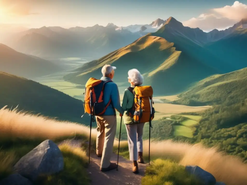 Pareja de ancianos disfrutando del paisaje montañoso Pareja mayor en montaña, disfrutando de la naturaleza y aventura