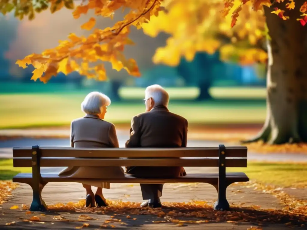 Pareja mayor disfrutando el otoño en un parque Pareja mayor en parque otoñal, reflejando amor y experiencias compartidas