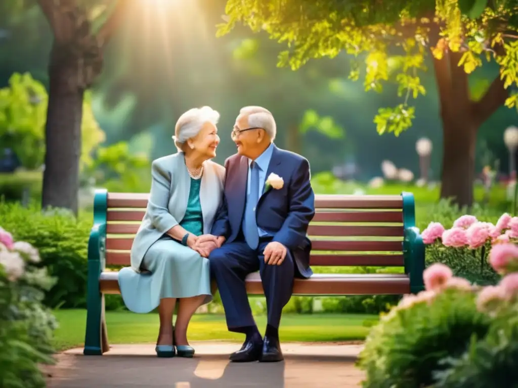 Pareja de ancianos disfrutando del fruto de su planificación financiera Pareja mayor disfrutando de un parque rodeado de naturaleza y flores, simbolizando una planificación de jubilación integral para legado personal