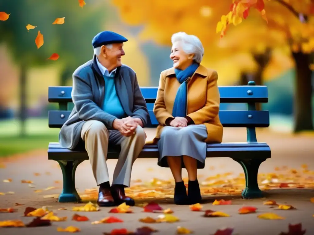 Pareja mayor disfrutando del otoño en el parque Pareja mayor disfrutando de la jubilación en el parque - Planificación de jubilación en la tercera edad