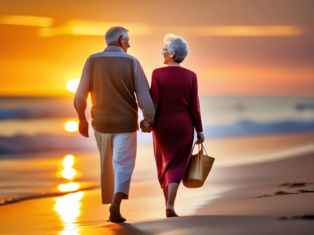 Pareja feliz en playa al atardecer Pareja mayor disfrutando jubilación en playa al atardecer
