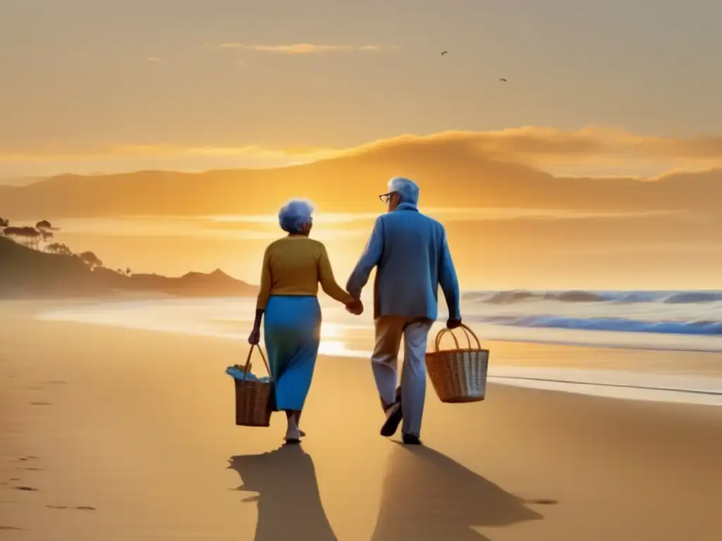 Pareja disfrutando del atardecer en la playa Pareja mayor caminando en la playa al atardecer, simbolizando la planificación jubilación emocional y social