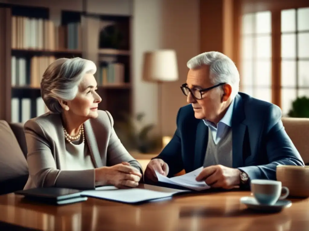 Pareja mayor en sala acogedora con asesor financiero, documentos y calculadoras