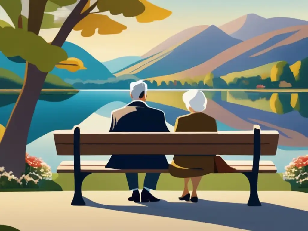 Pareja mayor disfrutando del otoño Pareja mayor serena en un banco del parque, mirando un lago
