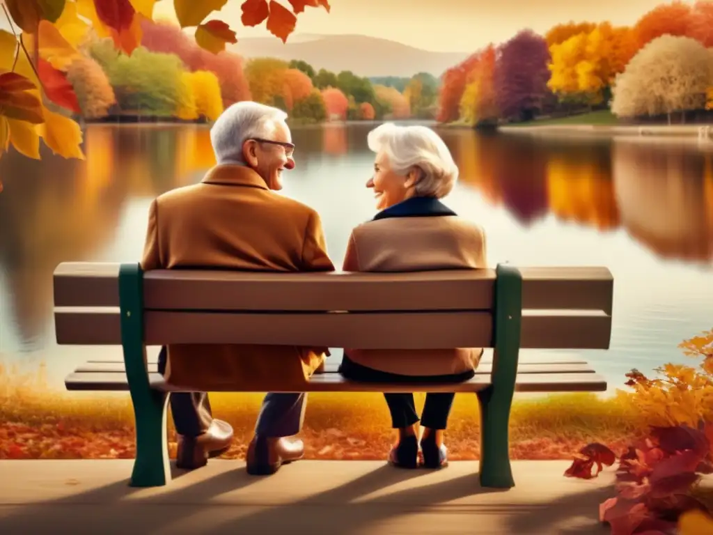 Pareja mayor sonriente en un banco de parque, rodeados de naturaleza otoñal, transmitiendo felicidad y sabiduría