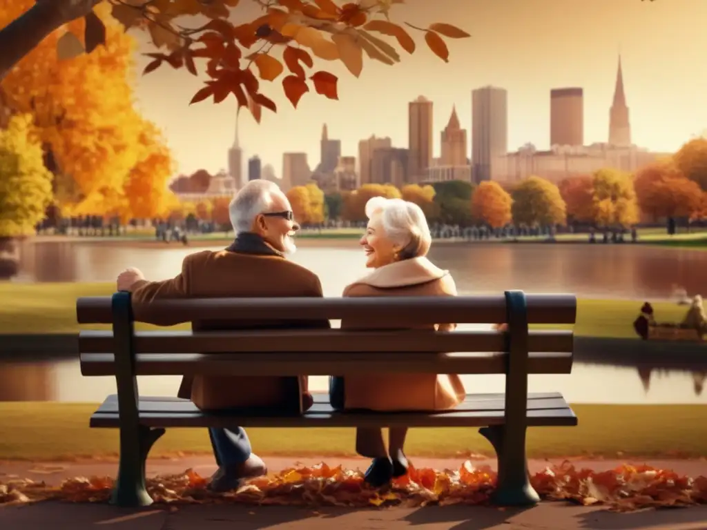 Pareja sonriente en parque otoñal Pareja sonriente en parque otoñal, sostienen mapa y señalan ciudad