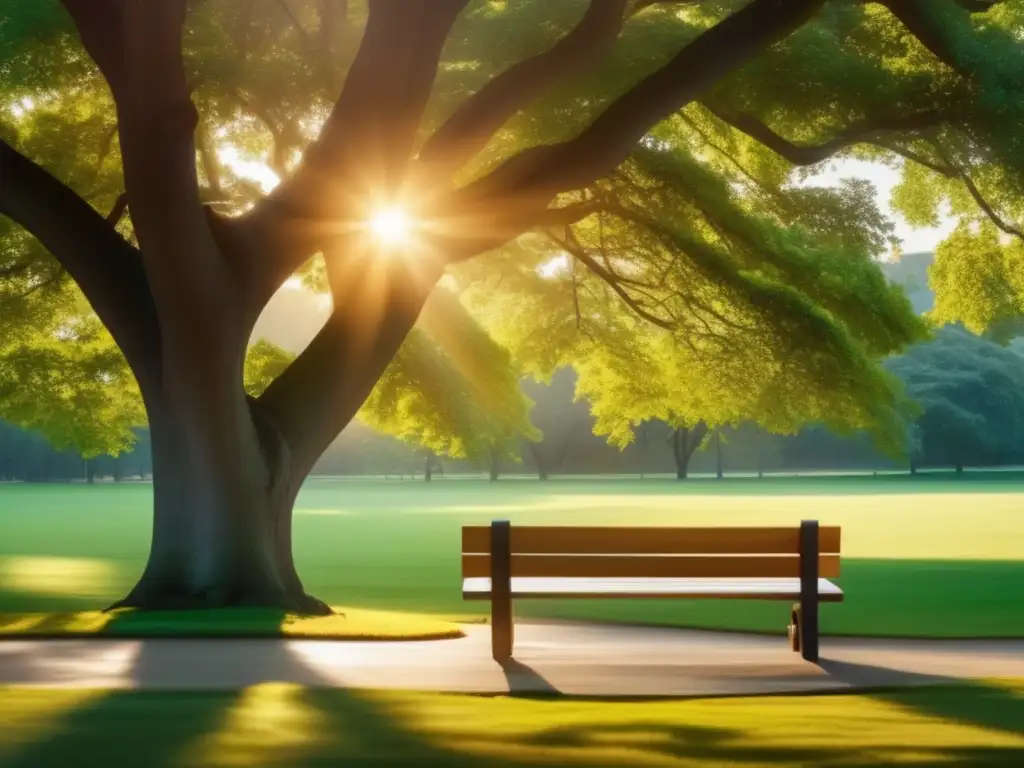 Retiro tranquilo: planifica tu futuro Parque sereno con banco de madera bajo árbol majestuoso