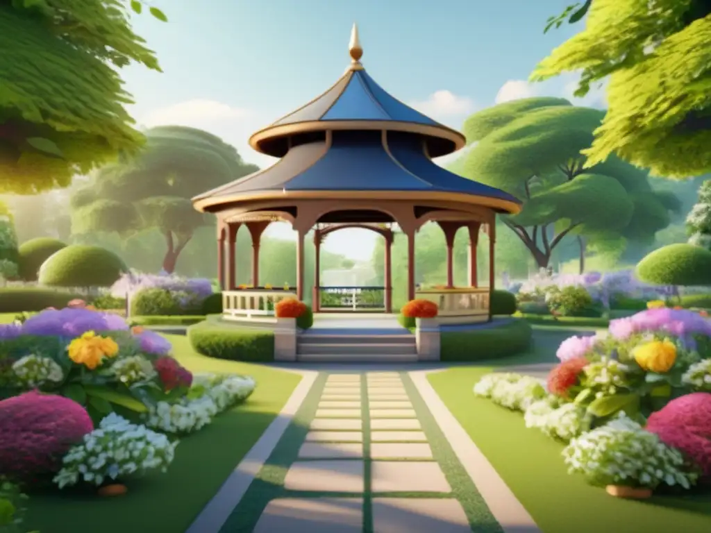 Escena de parque sereno con camino y gazebo Parque sereno con flores, gazebo, árboles otoñales y personas mayores disfrutando (Planificación de jubilación en la tercera edad)