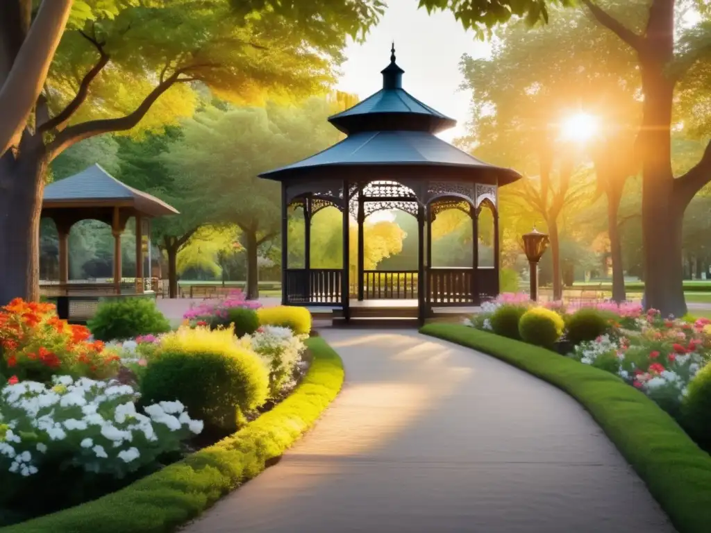 Parque sereno con gazebo encantador y árboles vibrantes Un parque sereno, iluminado por el sol, con un camino que conduce a un hermoso mirador rodeado de altos y vibrantes árboles