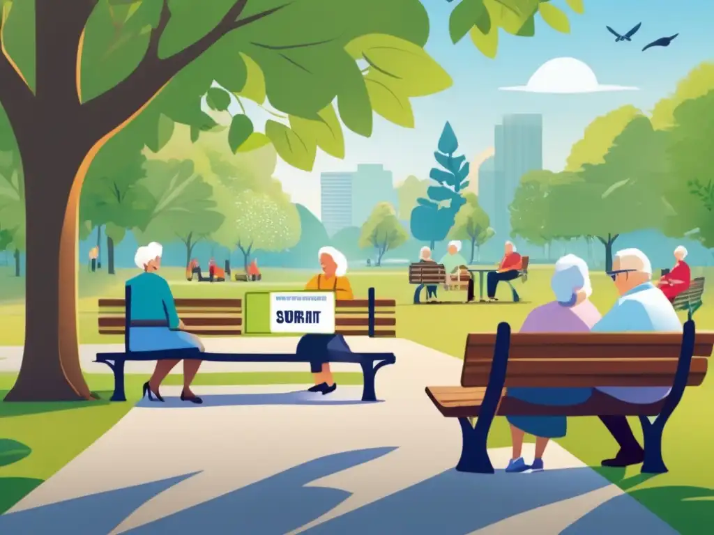 Parque soleado con personas mayores y programa de vacunación Parque soleado con jubilados, vacunas y protección contra enfermedades infecciosas